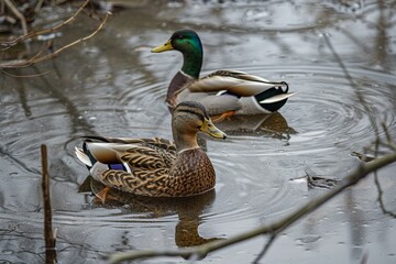 Two mallard ducks, a male and a female, glide peacefully on the calm waters of a tranquil pond