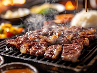 Closeup of sizzling Korean BBQ beef on a hot grill with smoke and steam