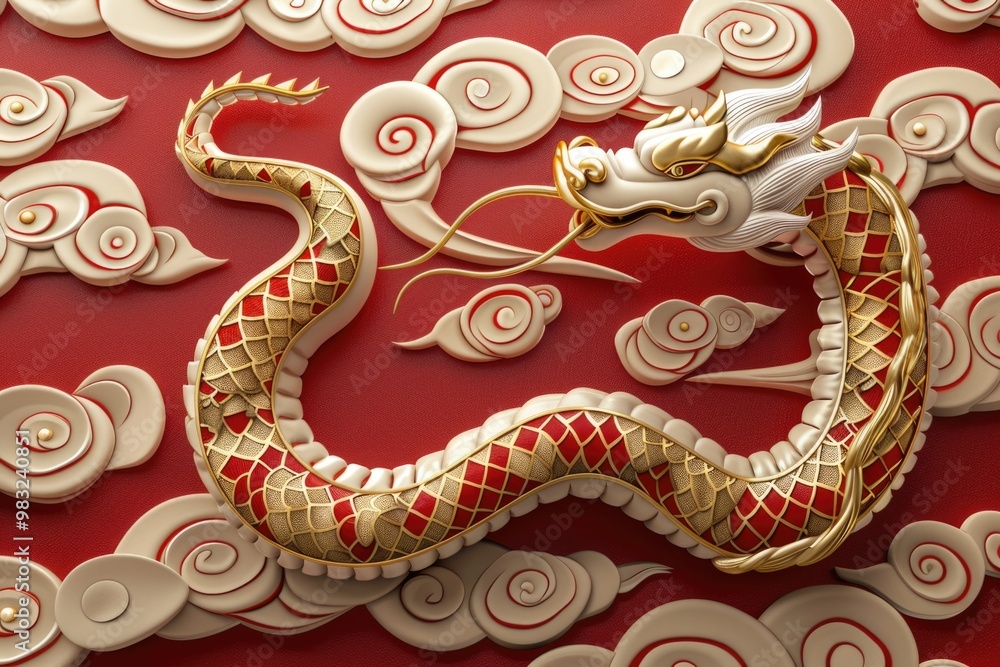 Poster a beautiful red and gold dragon sculpture sits on a red surface, perfect for use in fantasy or mythi