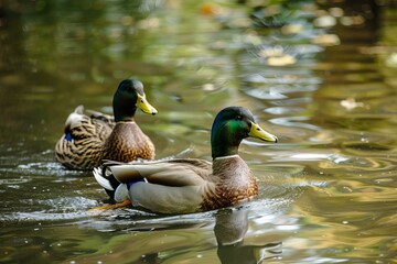 Obraz premium A pair of mallard ducks glide peacefully on calm water amidst floating leaves
