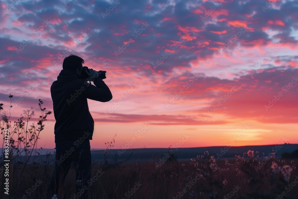 Poster A person capturing the moment of a beautiful sunset with a camera