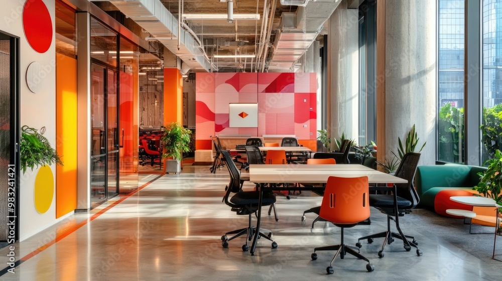Poster a modern coworking space with pops of color in chairs, desks, featuring a bold mix of vibrant tones 