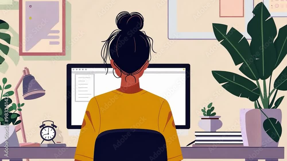 Poster the woman sits at her desk focused on her computer while surrounded by various plants and organized 