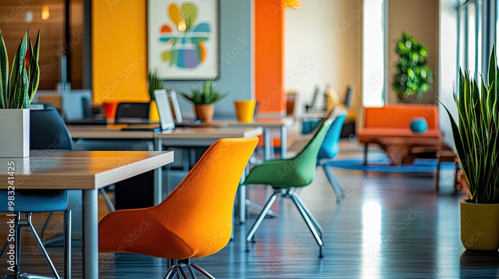 Poster a modern coworking space with pops of color in chairs, desks, featuring a bold mix of vibrant tones 