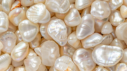 Natural pearls arranged closely together on a soft pearl background highlighting their unique shapes