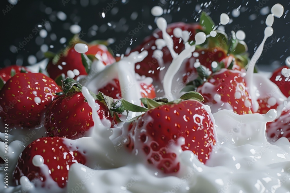 Canvas Prints Fresh strawberries getting splashed with milk in a close-up shot, perfect for food or kitchen-related uses