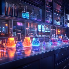 Laboratory Scene with Bright Chemicals and Glassware for Experimentation neon color picture
