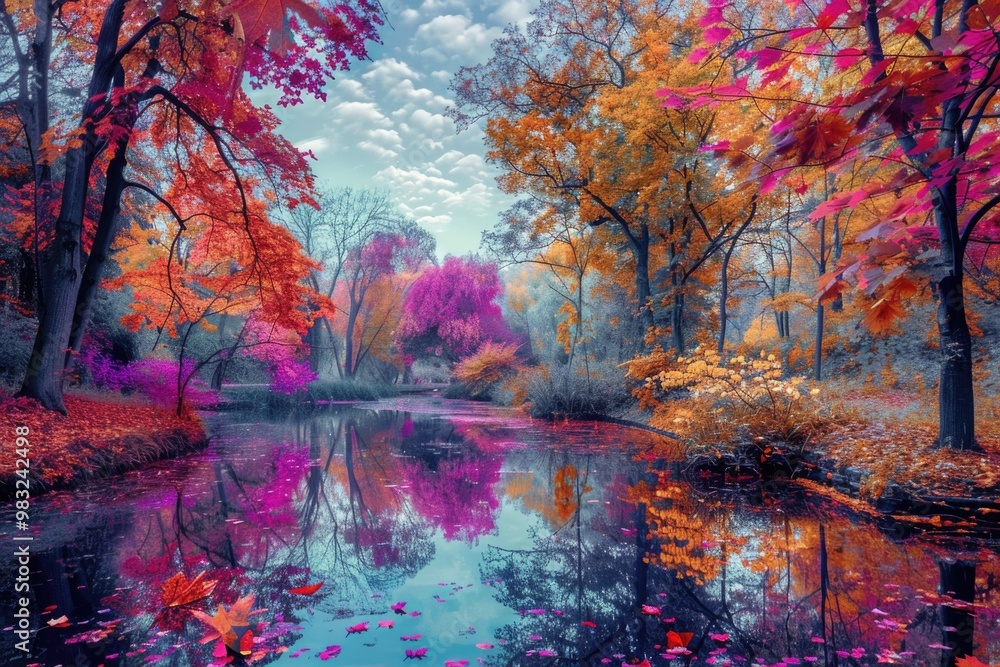 Poster a serene scene of a river flowing through a forest with vibrant trees lining the banks