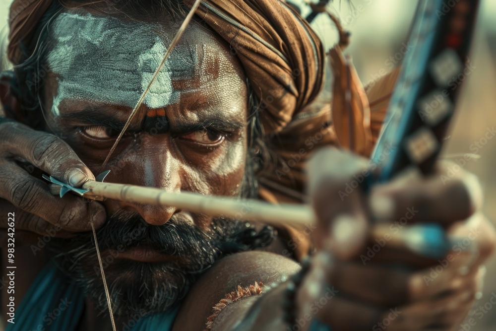 Poster a close-up shot of a person grasping a bow and arrow, ready for action