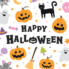 Halloween background with cute hand drawn icons in retro style. Vector illustration