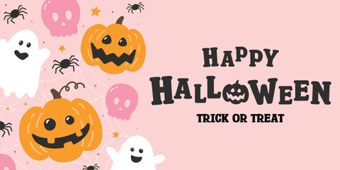 Halloween banner with hand drawn pumpkins, ghosts and skulls. Vector illustration