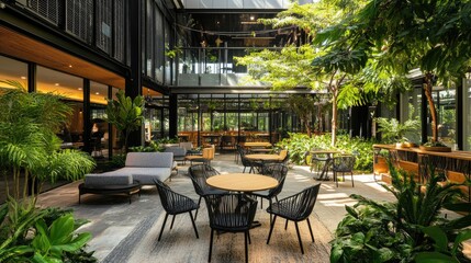 A stylish outdoor coworking space with contemporary furniture, open-air seating, and greenery, providing a peaceful, nature-inspired workspace without anyone visible.