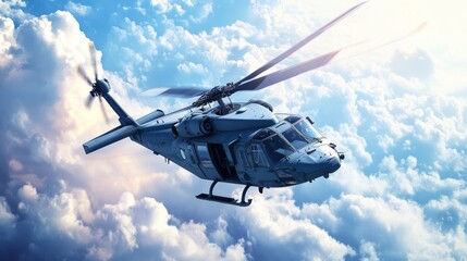 Modern Helicopter Flying Through Dramatic Clouds