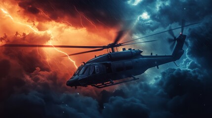 Helicopter in Stormy Skies Against Dramatic Lightning