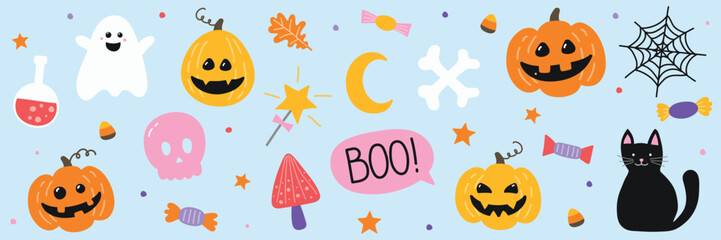 Collection of a hand drawn Halloween icons. Vector illustration