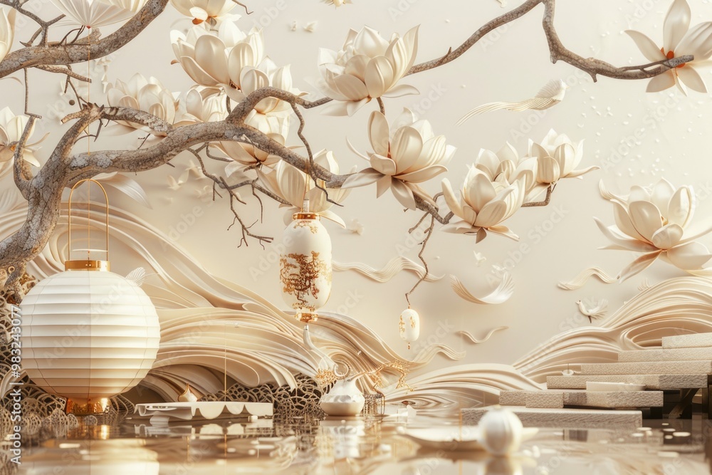 Poster a simple still life scene with a white vase placed near a tree