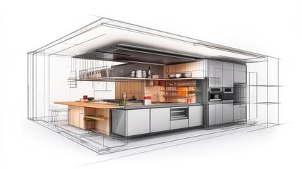A technical cross-section of a kitchen, featuring practical storage solutions, clean lines, and a calm, uncluttered layout that enhances functionality.