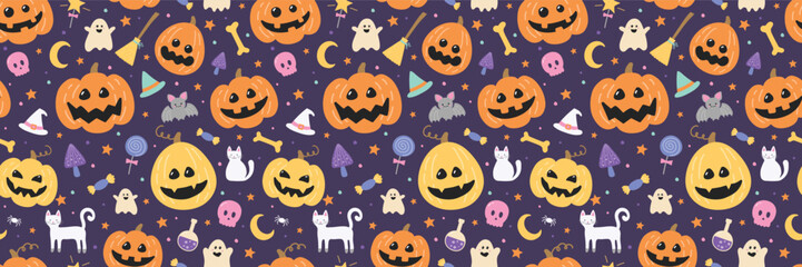 Cute Halloween seamless pattern. Background design. Vector illustration