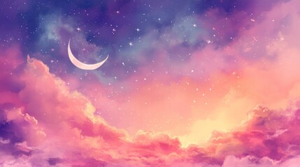 Twilight sky with crescent moon and stars is serene and romantic, filled with celestial wonder and aweinspiring beauty