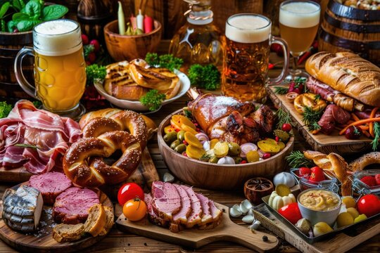 A table filled with diverse food options, including main courses and desserts