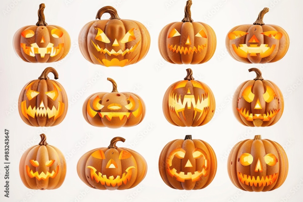 Sticker A group of carved pumpkins with different face designs, perfect for Halloween decorations or autumnal themes