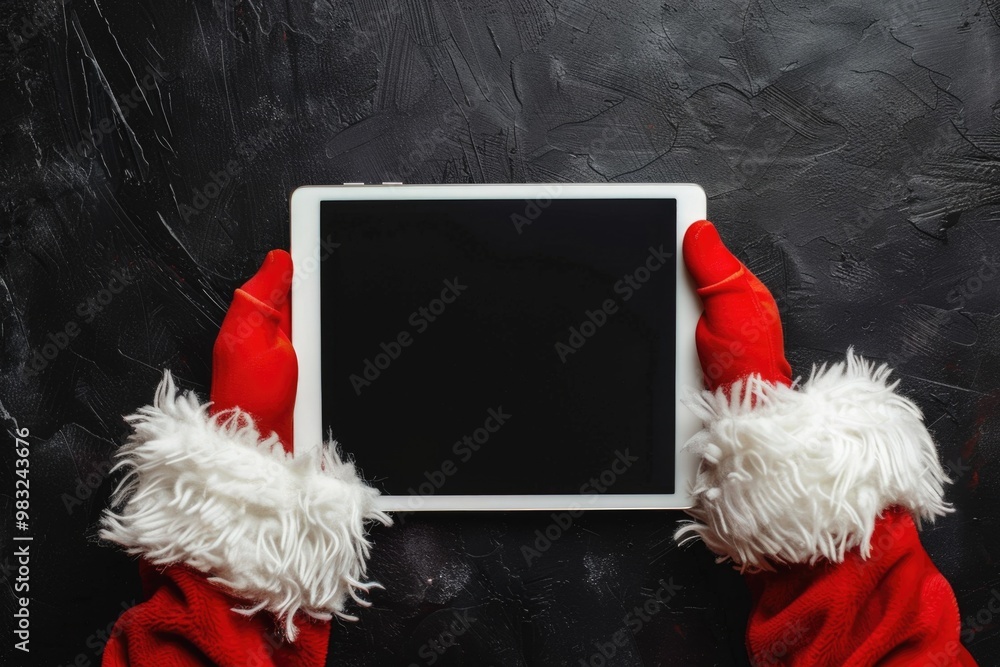 Poster a person wearing bright red gloves is working on a tablet computer, focused on the screen