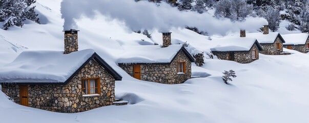 A series of stone bungalows in a snowy resort, their chimneys emitting a steady stream of smoke, offering warm and intimate accommodations against the harsh winter landscape