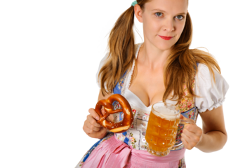A beautiful young woman in traditional german dress holds a beer and pretzel isolated on free png background, oktoberfest concept