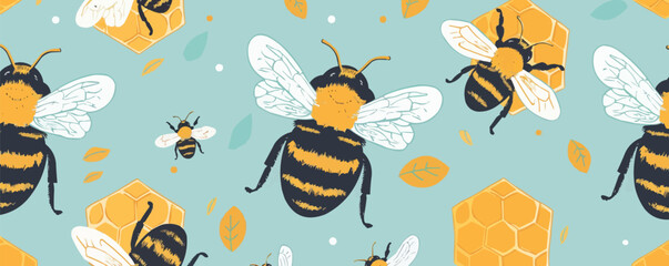 Cute bees and honeycombs seamless pattern background, adorable bees and hexagonal honeycombs, vector pattern.