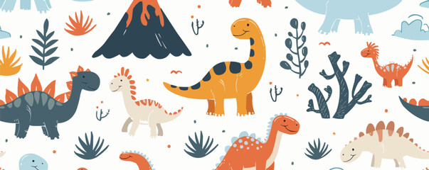 Cute dinosaurs and volcanoes seamless pattern background, playful prehistoric creatures and landscapes, vector pattern.