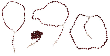4 r&oacute;żańce PNG na przezroczystym tle, drewniany r&oacute;żaniec na łańcuszku wycięty z tła, drzewo r&oacute;żane, bordowy set
