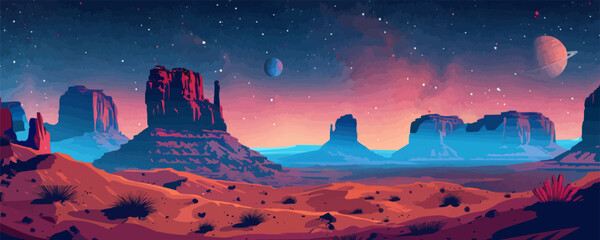 Desert planet landscape with magnificent red rocks and a starry sky. Vector flat minimalistic isolated illustration in digital art style.