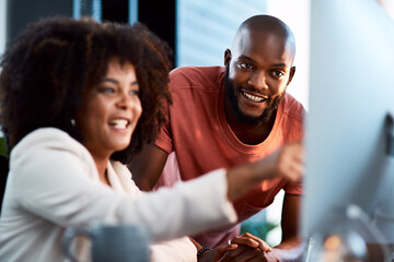 Computer, team and mentor with business people for email marketing, target audience research and...