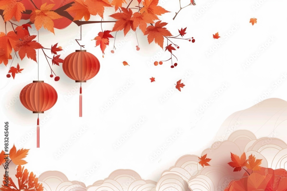 Poster a red lantern hangs from a tree branch amidst autumn leaves