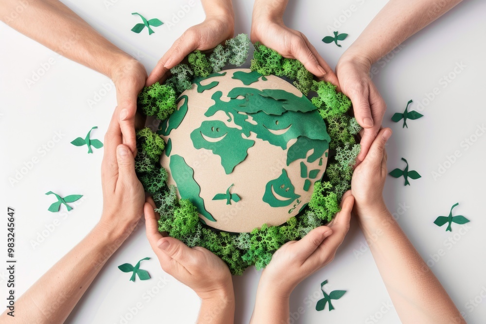 Poster Group of people holding hands forming a circle around a green globe, symbolizing unity and harmony
