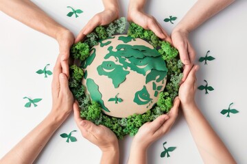 Group of people holding hands forming a circle around a green globe, symbolizing unity and harmony