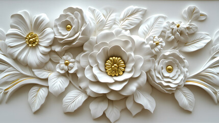 Rococo white and gold floral relief design featuring intricate detailing and elegant craftsmanship