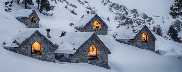 Naklejka premium A series of stone guest houses on a snowy mountain, their windows glowing with warmth, offering skiers and snowboarders a cozy place to rest after a day on the slopes