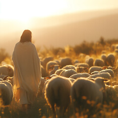 Jesus leads sheep through a sunny pasture, praying in the tranquil countryside