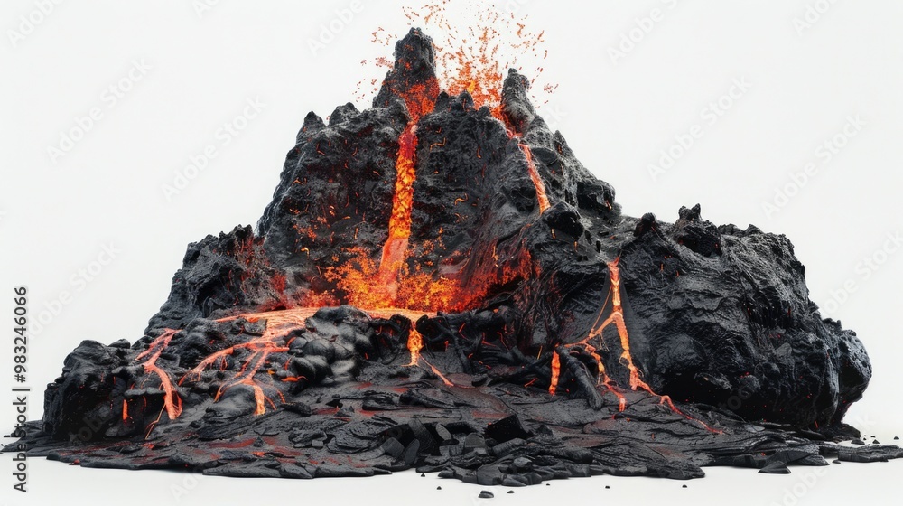 Poster A volcanic eruption scene with molten lava flowing out, suitable for use in science, nature or hazard-related contexts