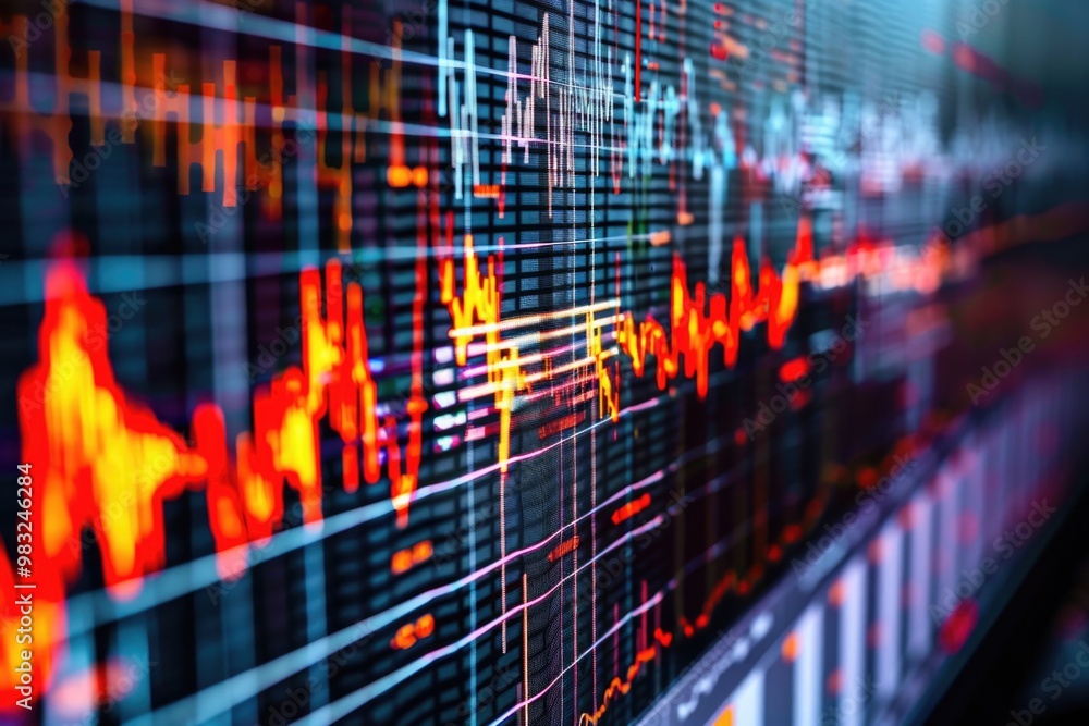 Poster A close-up view of a stock market display showing various financial data and charts