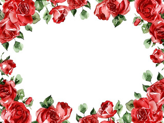 Watercolor Valentine's Day card featuring a vibrant rose border with leaves and empty center