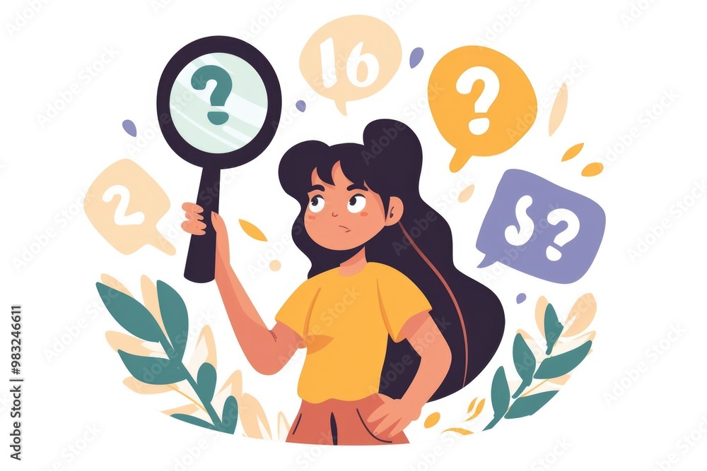 Poster a curious girl examining something with a magnifying glass, surrounded by question marks