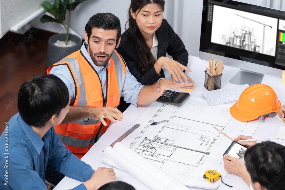 Poster diverse group of civil engineer and client working together on architectural project, reviewing cons