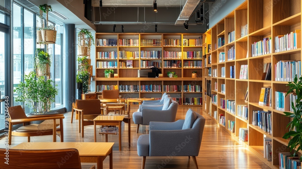 Wall mural a warm coworking space filled with books and wooden shelves, accented by cozy armchairs and natural 