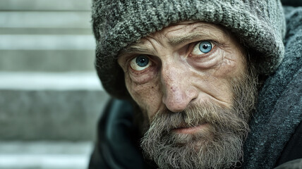 Portrait of an elderly man with blue eyes wearing a beanie