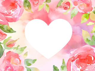 Obraz premium Beautiful watercolor illustration of a Valentine's Day card featuring roses and a heart shape
