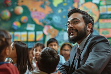 A man in a business suit sitting among a group of children, possibly discussing something