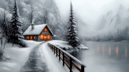 Fototapeta premium Nordic Winter Wonderland in the Mist A Serene Oil Painting Depicting a Snow-Covered Cottage Bare Trees and a Lamp Post Shrouded in Fog Capturing the Tranquility of a Quiet Winter Day