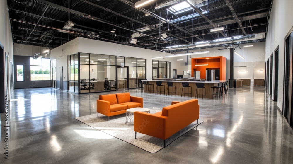 Poster an empty coworking space featuring modular furniture, quiet work pods, and a spacious open floor pla